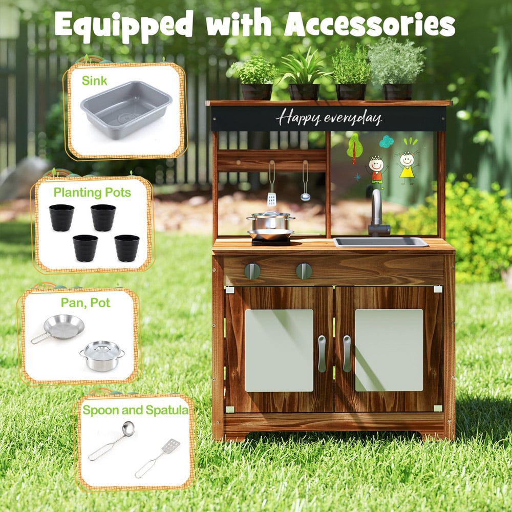 Costway Brown Mud Kitchen Fir Wooden Play Kitchen Image 7