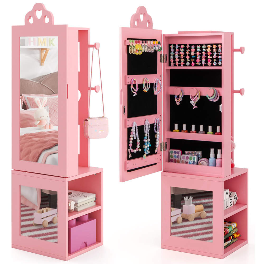 Costway 2 Shelf Pink Kids Jewellery Armoire Full Length Mirror with Coat Rack Image 2