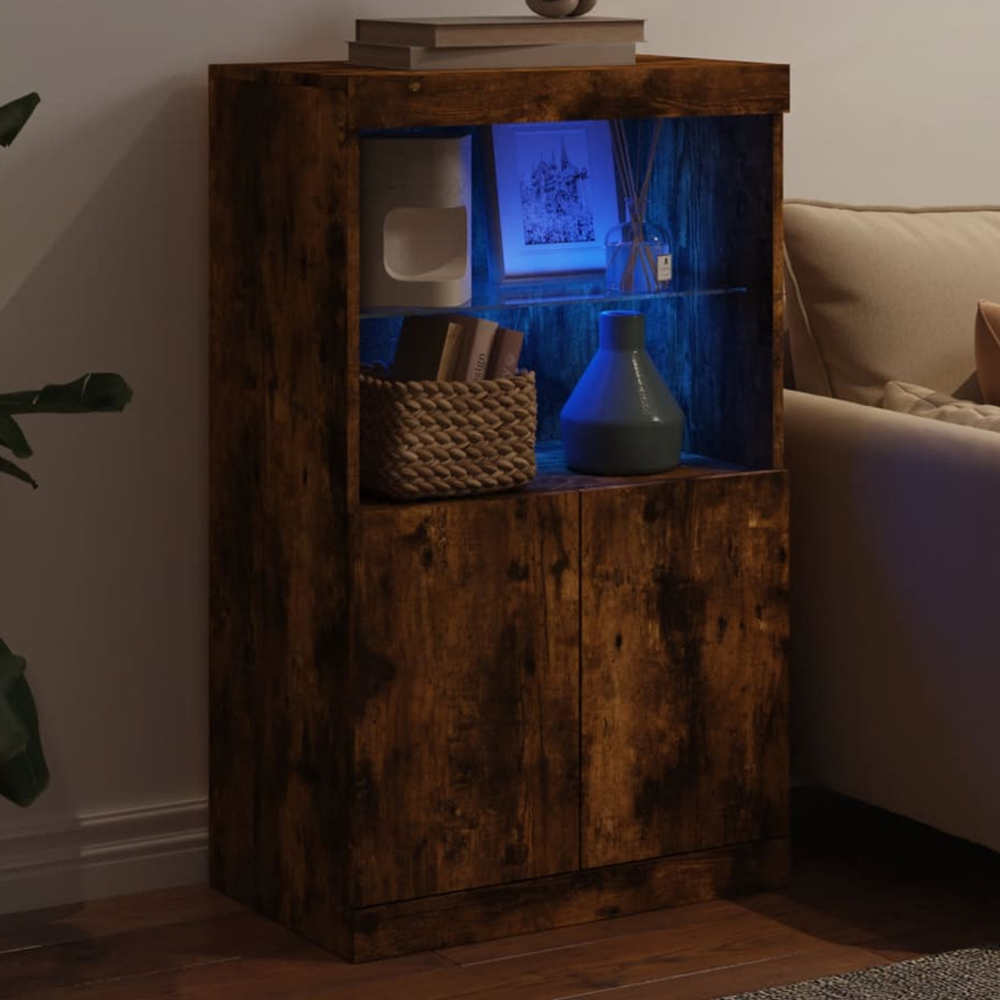 vidaXL 2 Door 2 Shelf Smoked Oak Sideboard with RGB LED Lights Image 1
