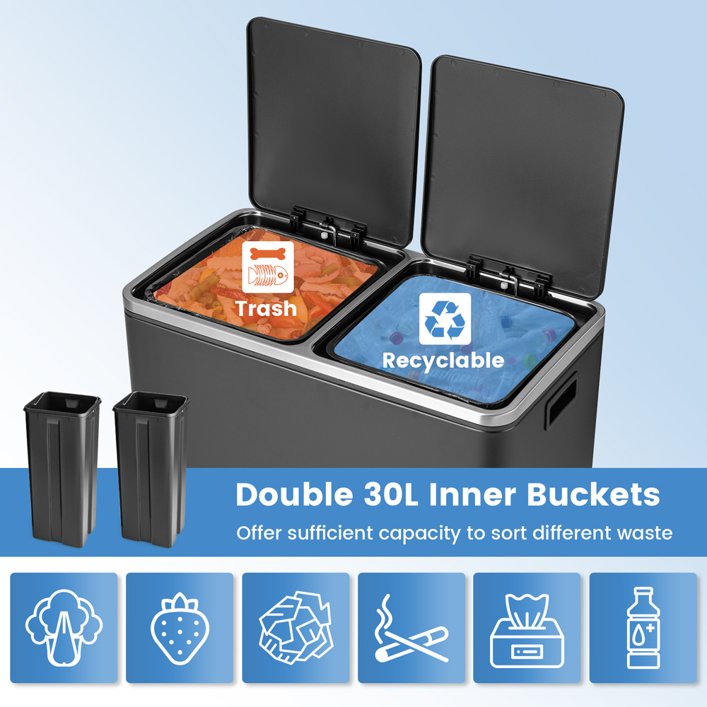 Costway Black Double Recycle Pedal Bin with Removable Compartments 60L Image 5