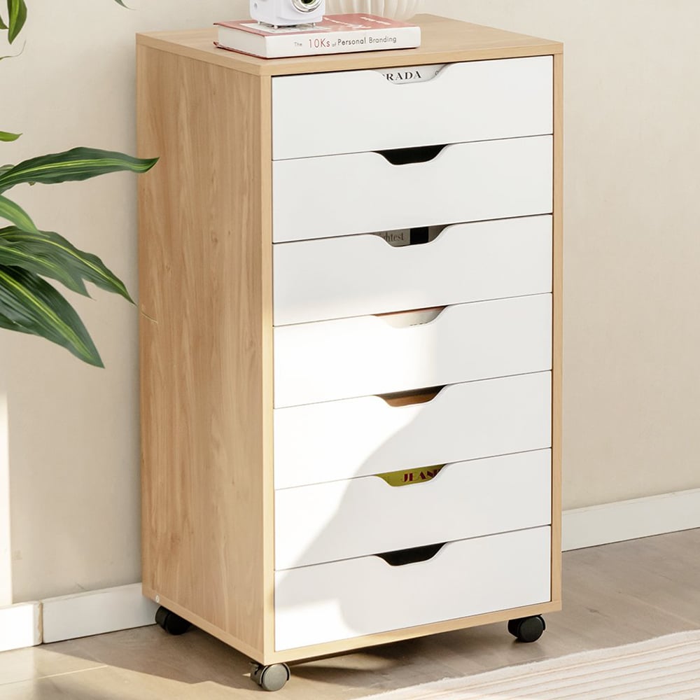 Costway 7 Drawer Natural Mobile File Cabinet Image 1