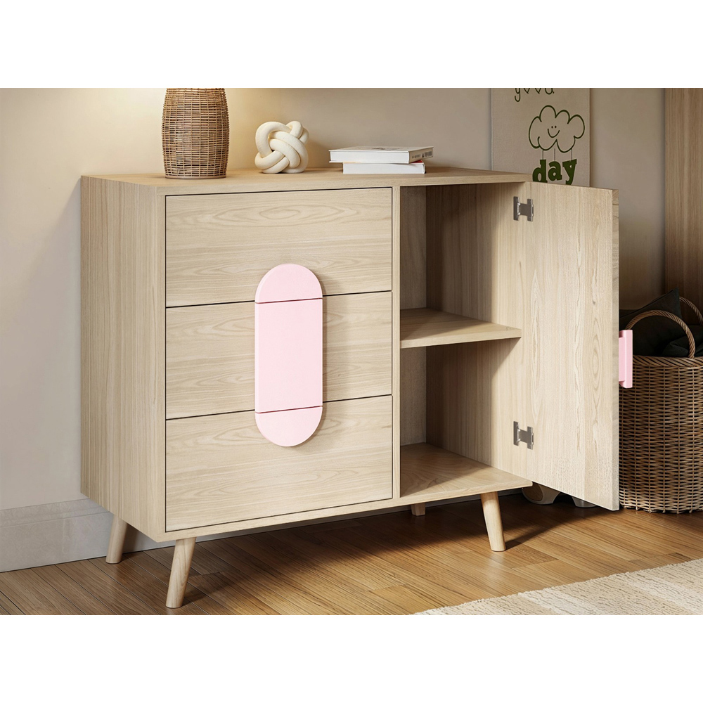Flair Noah Single Door 3 Drawers Oak and Pink Cabinet Image 5