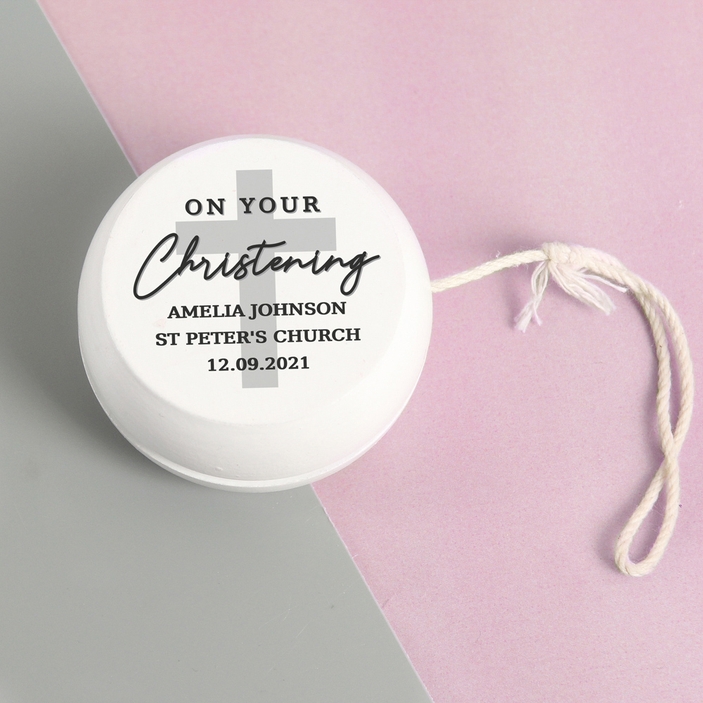 Personalised Memento Personalised On Your Christening White Wooden Yoyo Image 3