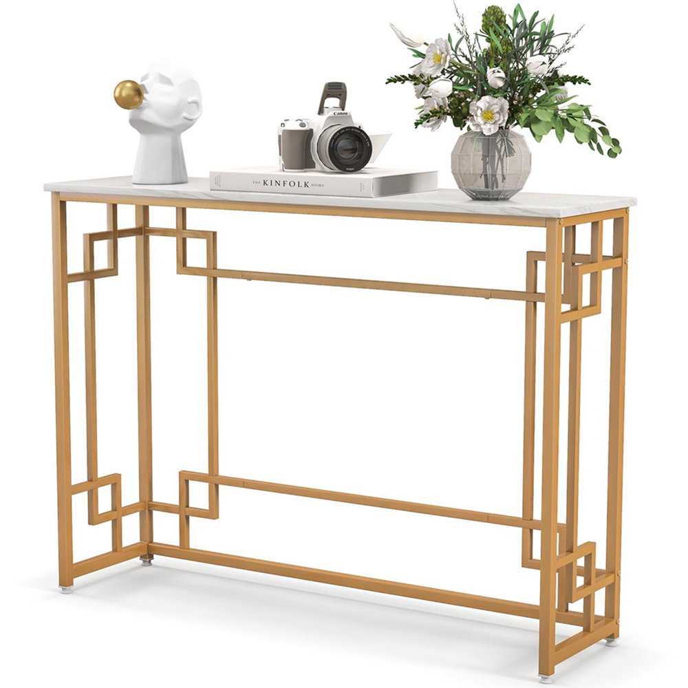 Costway White Narrow Console Table with Geometric Golden Frame Image 3