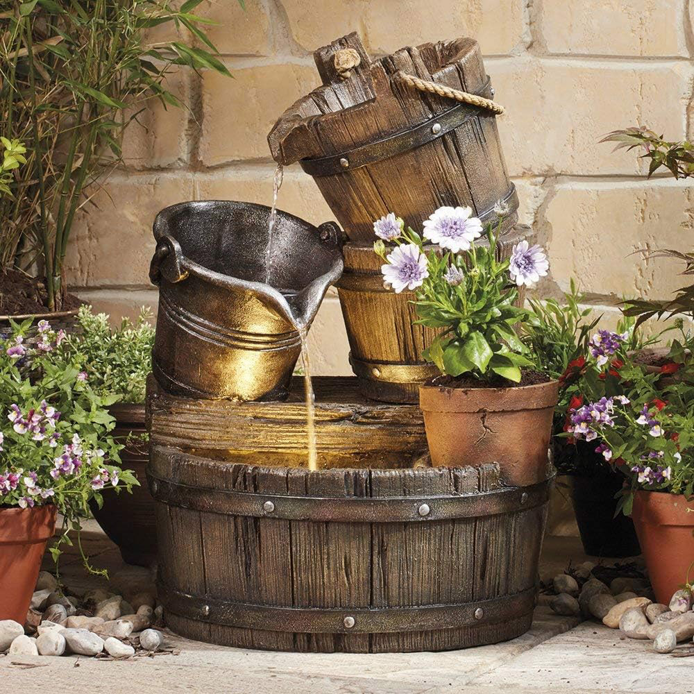 Garden Gear Cascading Barrel Water Feature with Plant Image 2