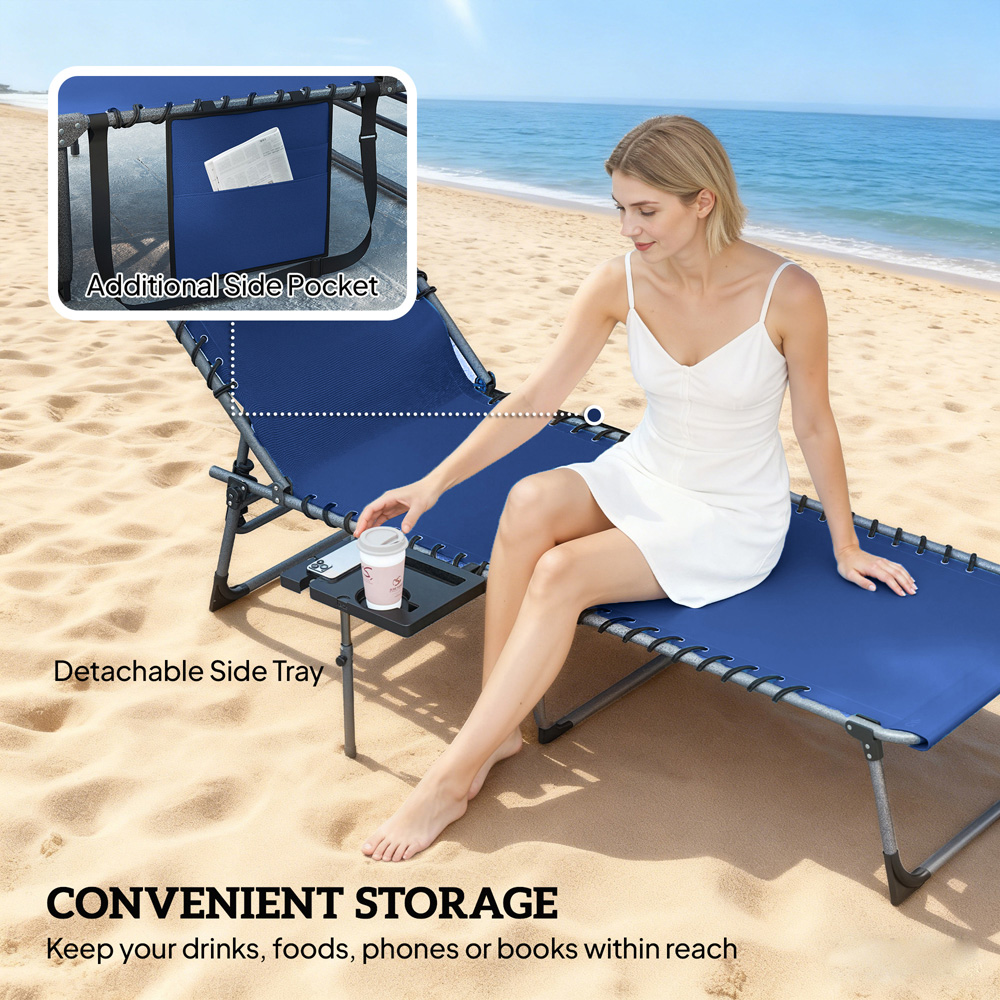 Outsunny Dark Blue 5-Level Reclining Foldable Sun Lounger with Cup Holder Image 5