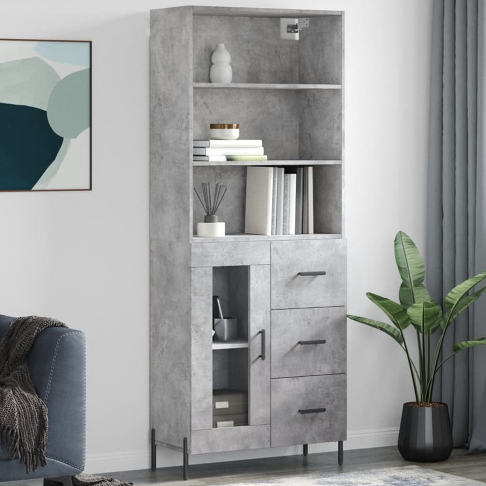 vidaXL Single Glass Door 3 Drawer 3 Shelf Concrete Grey Tall Highboard Image 1