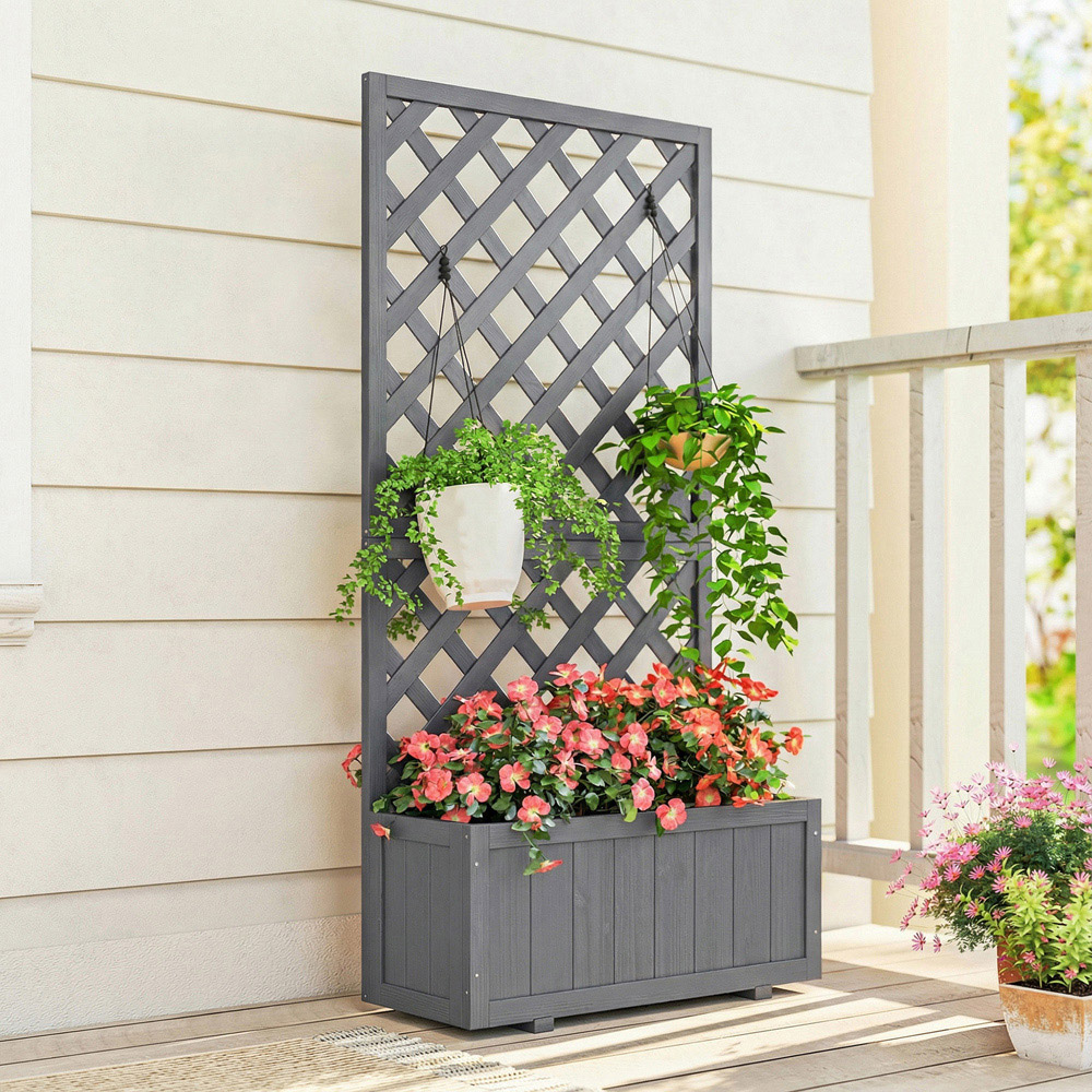 Outsunny Grey Wooden Raised Garden Bed with Trellis 150 x 32 x 73cm Image 7
