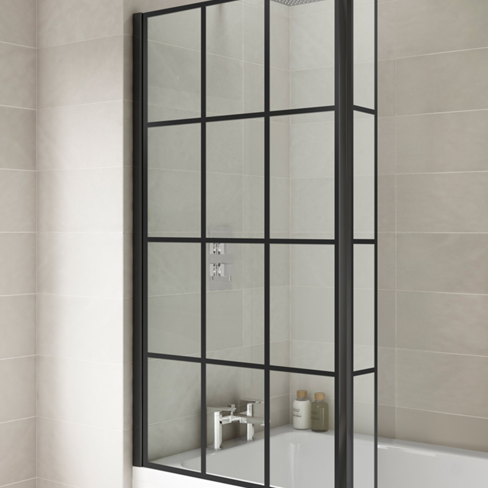 nuie Matt Black Square Framed Bath Screen with Fixed Return 808mm Image 2