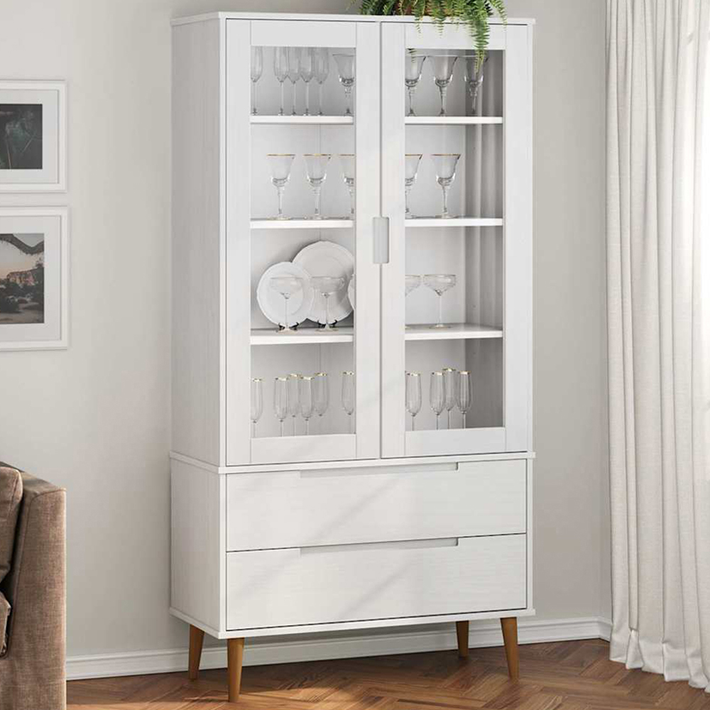vidaXL 2 Glass Door 2 Drawer 4 Shelf Wooden Vitrine Cabinet Image 1