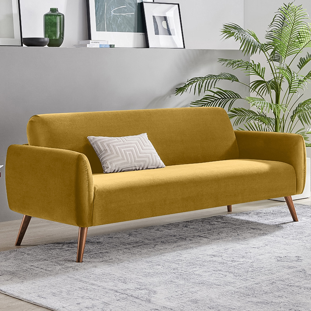 Furniturebox Terry 3 Seater Yellow Velvet Sofa Image 1