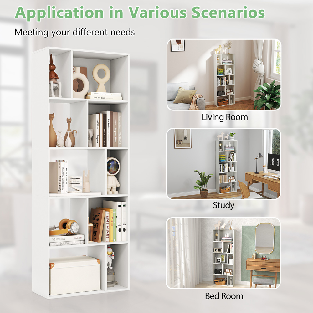 Costway 10 Shelf White Wooden Bookcase Image 7
