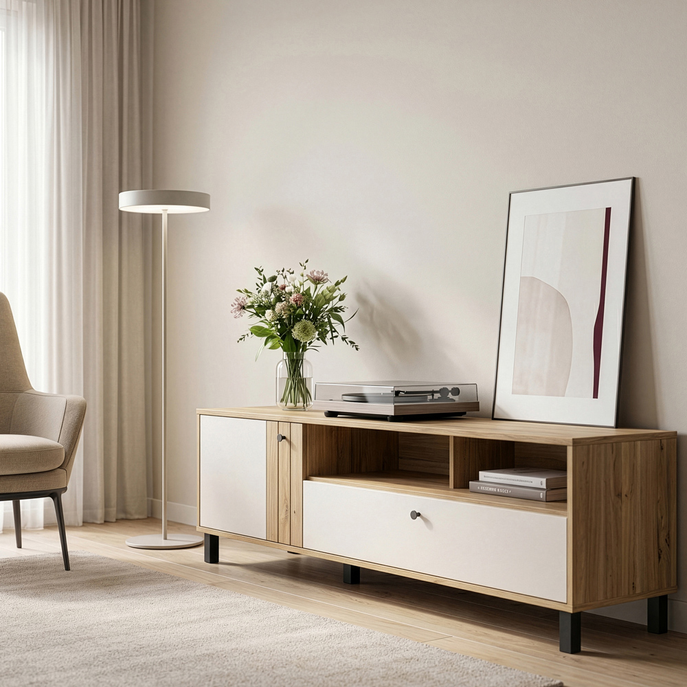 Florence Grafton Single Door Single Drawer 2 Shelf Cream and Oak TV Unit Image 5
