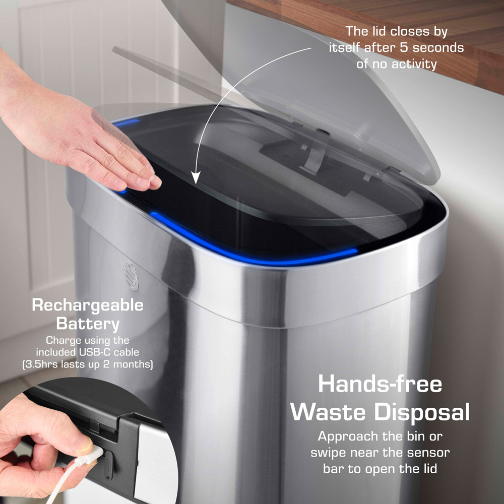 Swan Silver Stainless Steel Rectangular Sensor Bin 65L Image 4