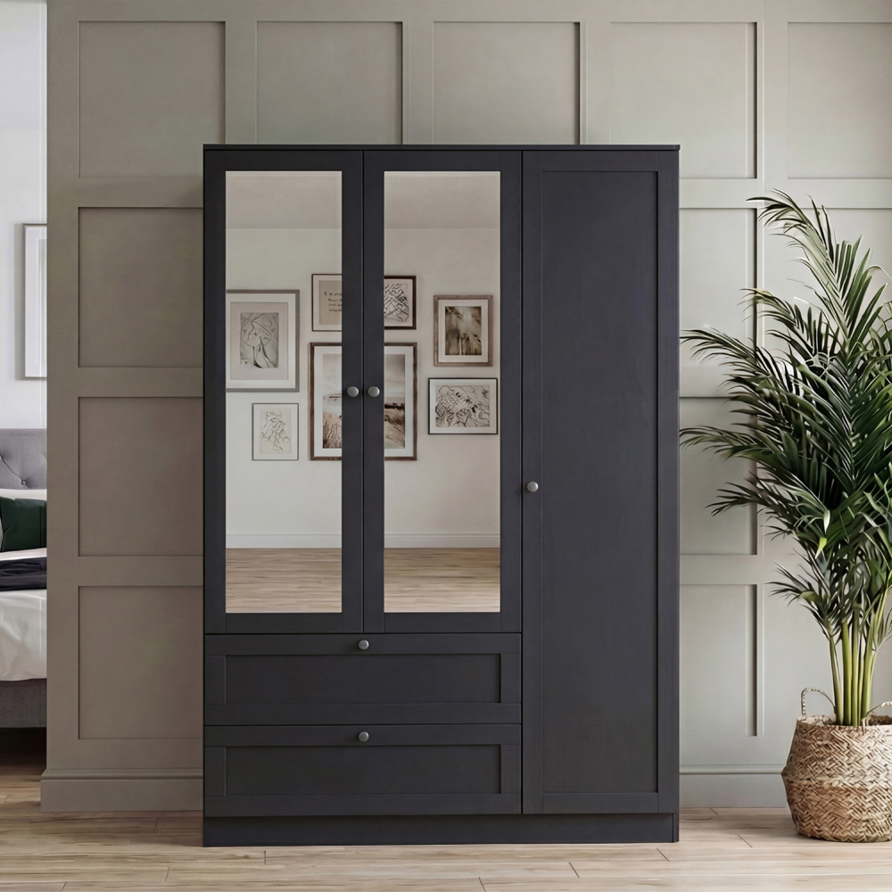 VIDA DESIGNS Altino 3 Door 2 Drawer Black Shaker-Style Mirrored Wardrobe Image 3
