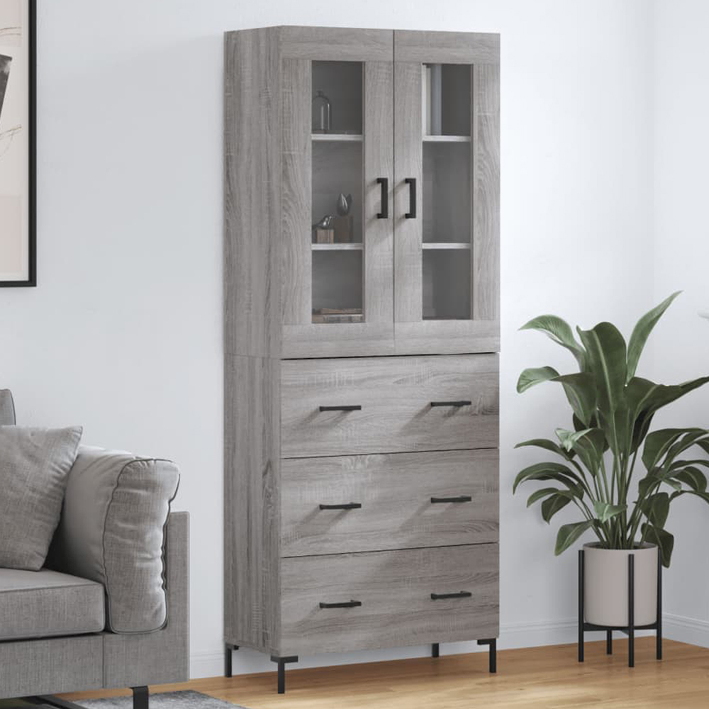 vidaXL 2 Glass Door 3 Drawer Grey Sonoma Highboard with Black Handle Image 1