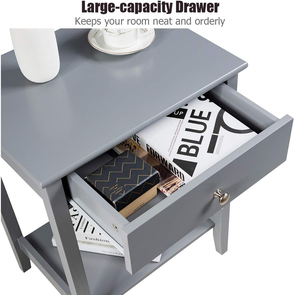 Costway Single Drawer Single Shelf Grey Bedside Table 2 Pack Image 7