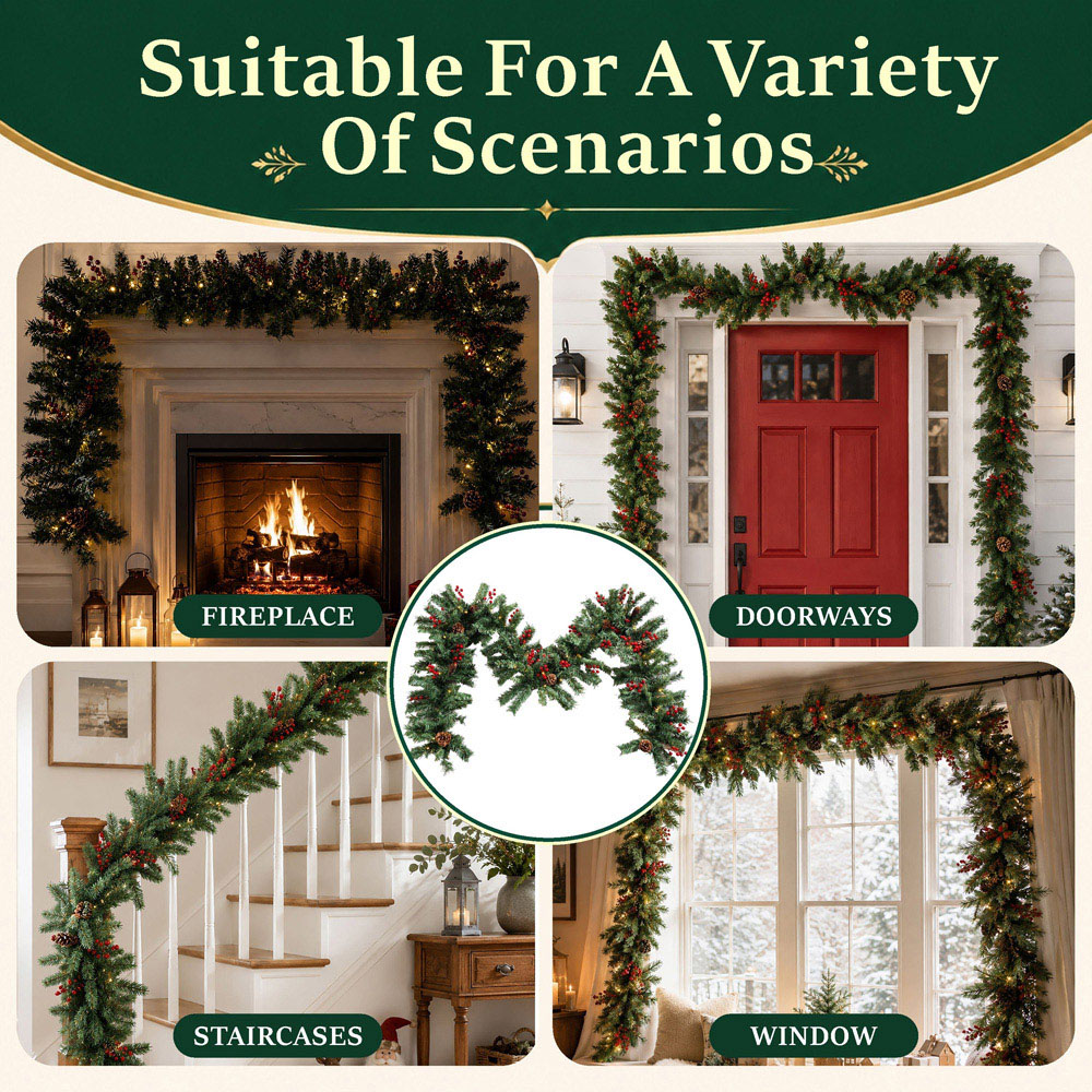 Abrihome 50 Warm White LED Artificial Christmas Garland with Tips Pinecones and Red Berries 270cm Image 7