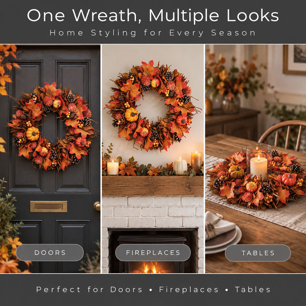 Neo Orange Artificial Autumn Wreath with Maple Leaves and Pumpkins 50cm Image 6