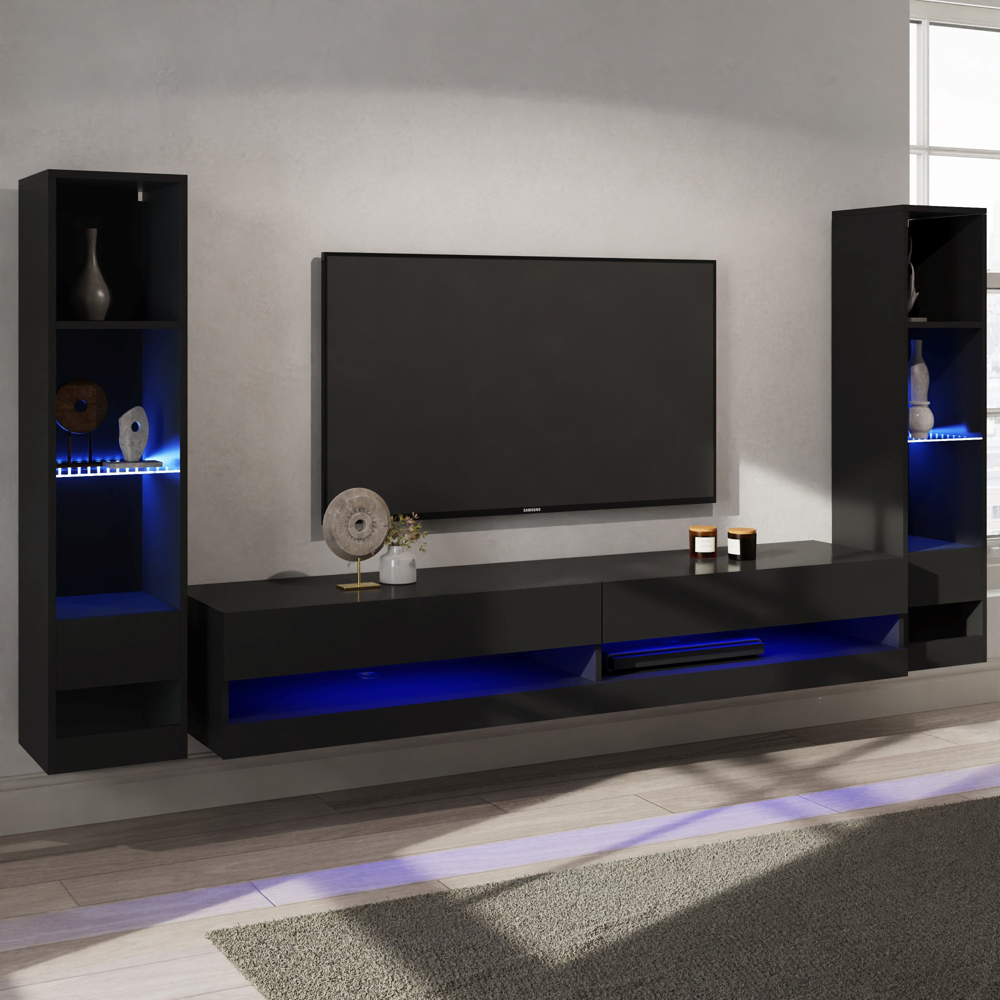 GFW Galicia 10 Shelf Black Wall Mounted LED Full Media Set Image 1
