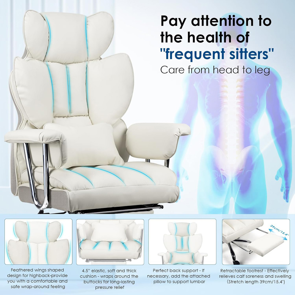 Rattrix White Leather Ergonomic High Back Swivel Office Chair with Footrest Image 3