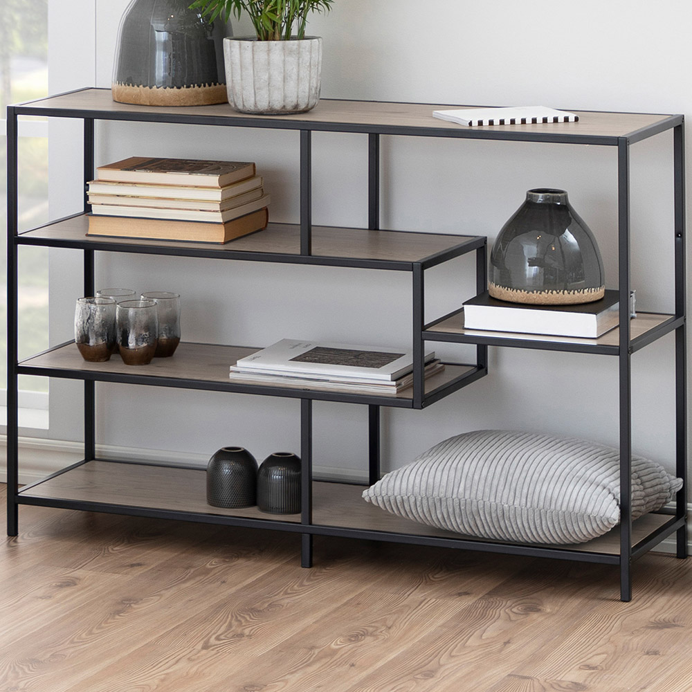 Florence Seaford 4 Shelf Sonoma Oak and Black Metal Bookcase Image 1