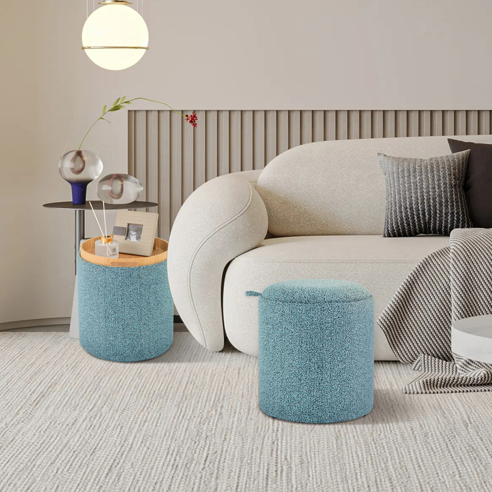 Costway Blue Upholstered Storage Round Ottoman with Reversible Tray Set of 2 Image 3