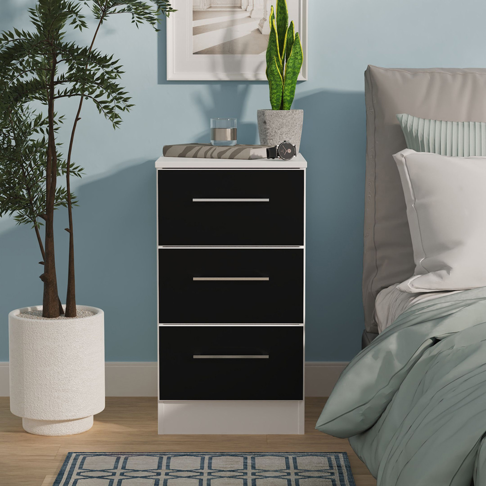 Crowndale Worcester 3 Drawer Matt Black and White Bedside Cabinet Ready Assembled Image 7