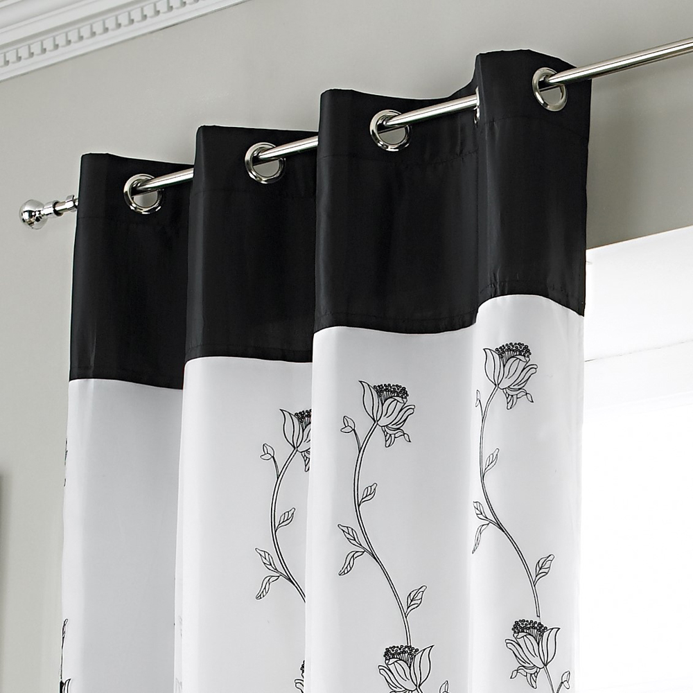 Alan Symonds Tahiti Black and White Floral Lined Ring Top Eyelet Voile Curtains 142 x 229cm Image 2