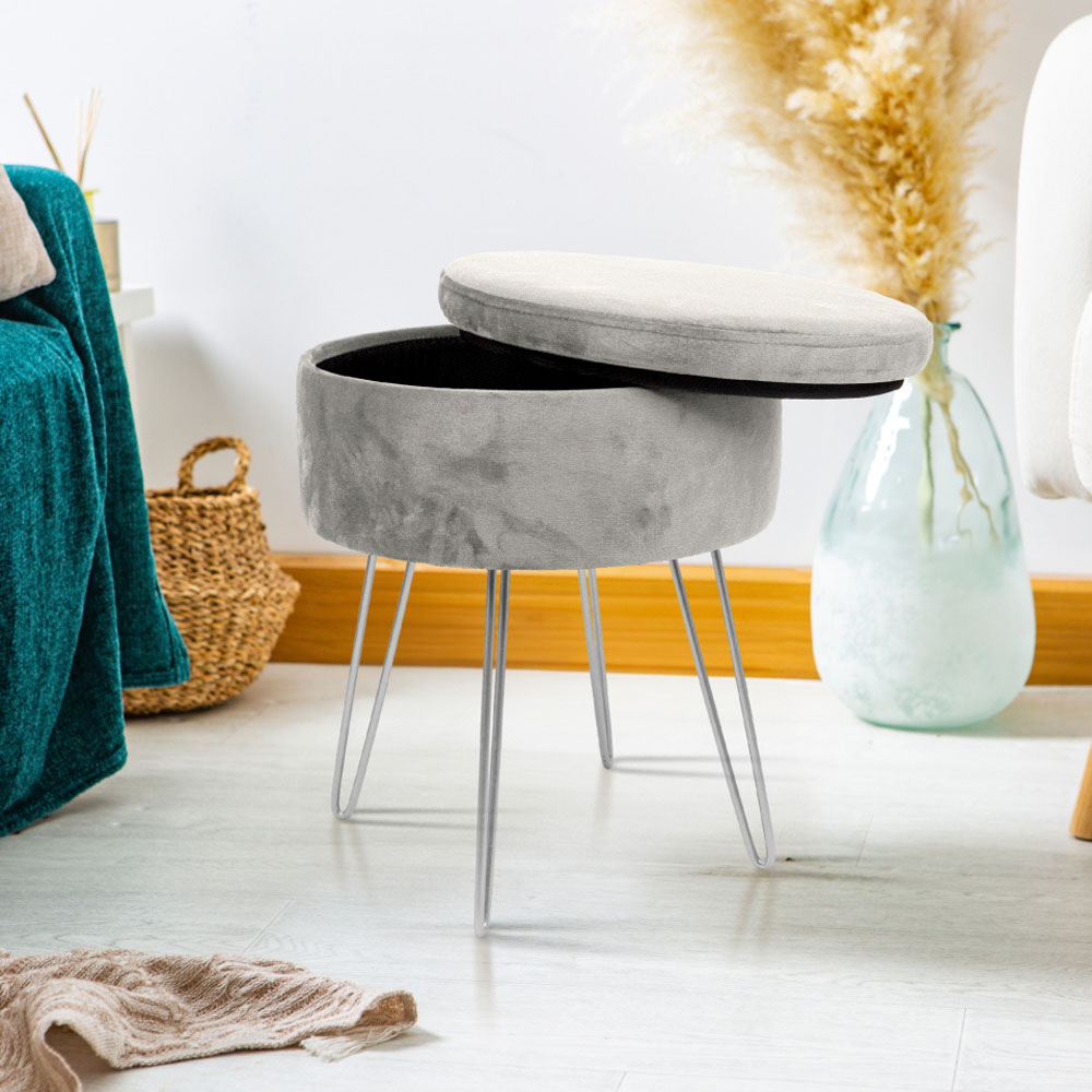 Harbour Housewares Grey and Silver Velvet Round Footstool with Storage Image 4