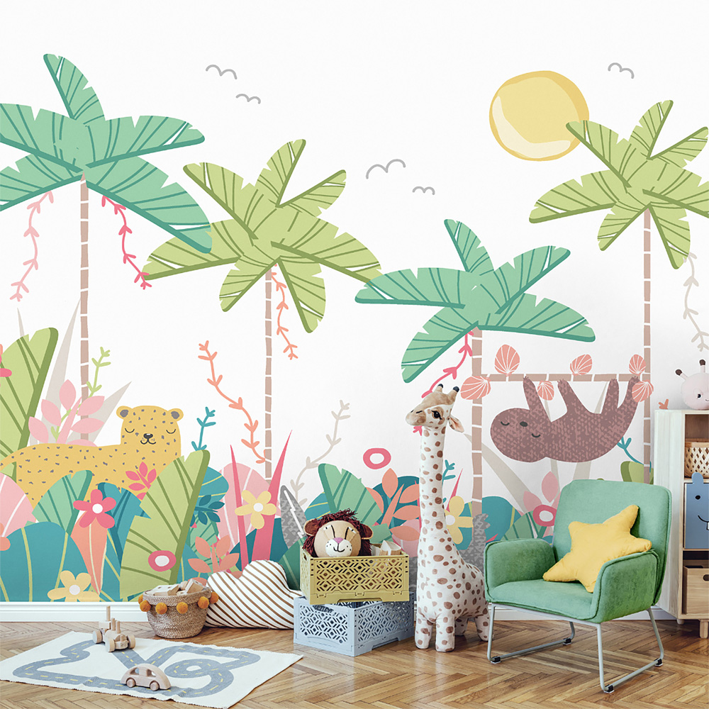 Origin Murals Jungle Animals Light Green Wall Mural Image 1