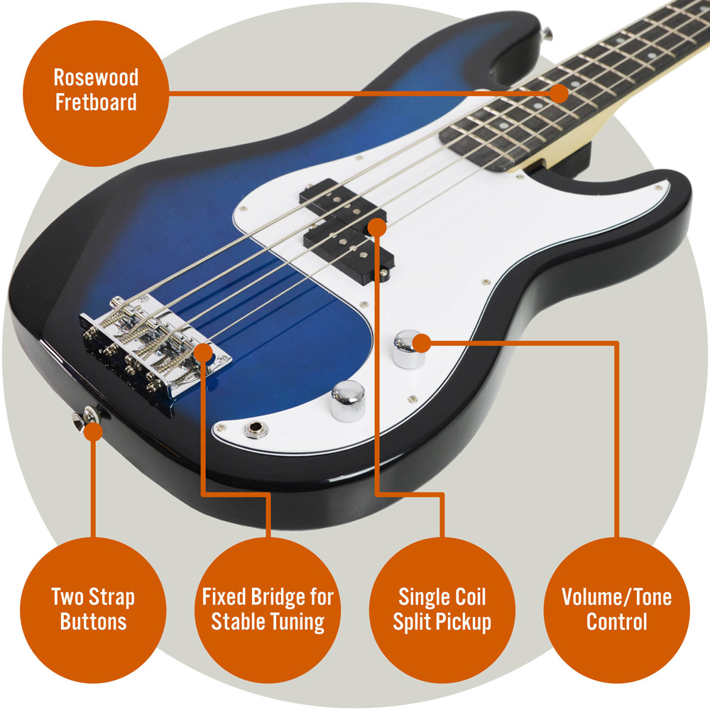 3rd Avenue Blueburst Full Size Electric Bass Guitar Set Image 4
