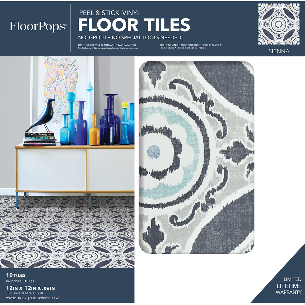 Floorpops Sienna Grey Blue Navy and White Peel and Stick Floor Tile 30.48 x 30.48cm 10 Pack Image 7