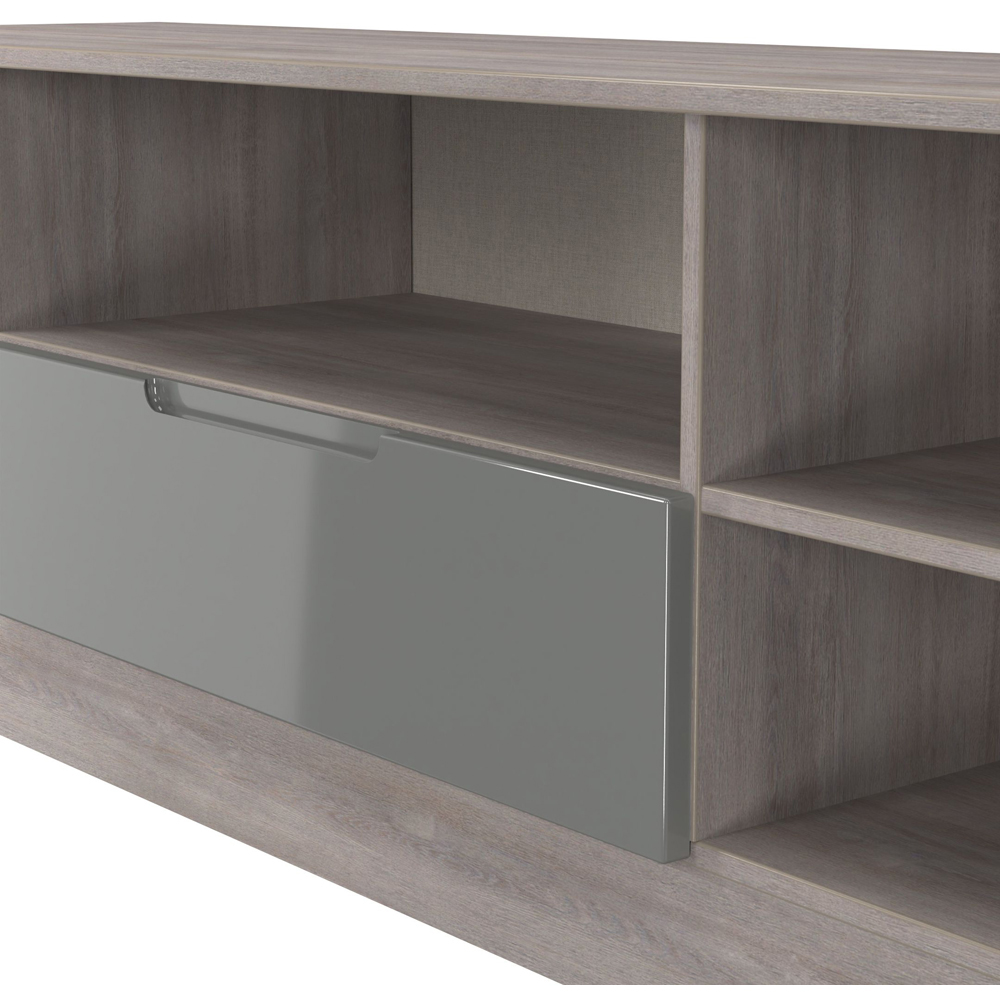 Crowndale Milan Single Drawer 5 Shelf Grey Gloss and Grey Oak Wide TV Unit Ready Assembled Image 4