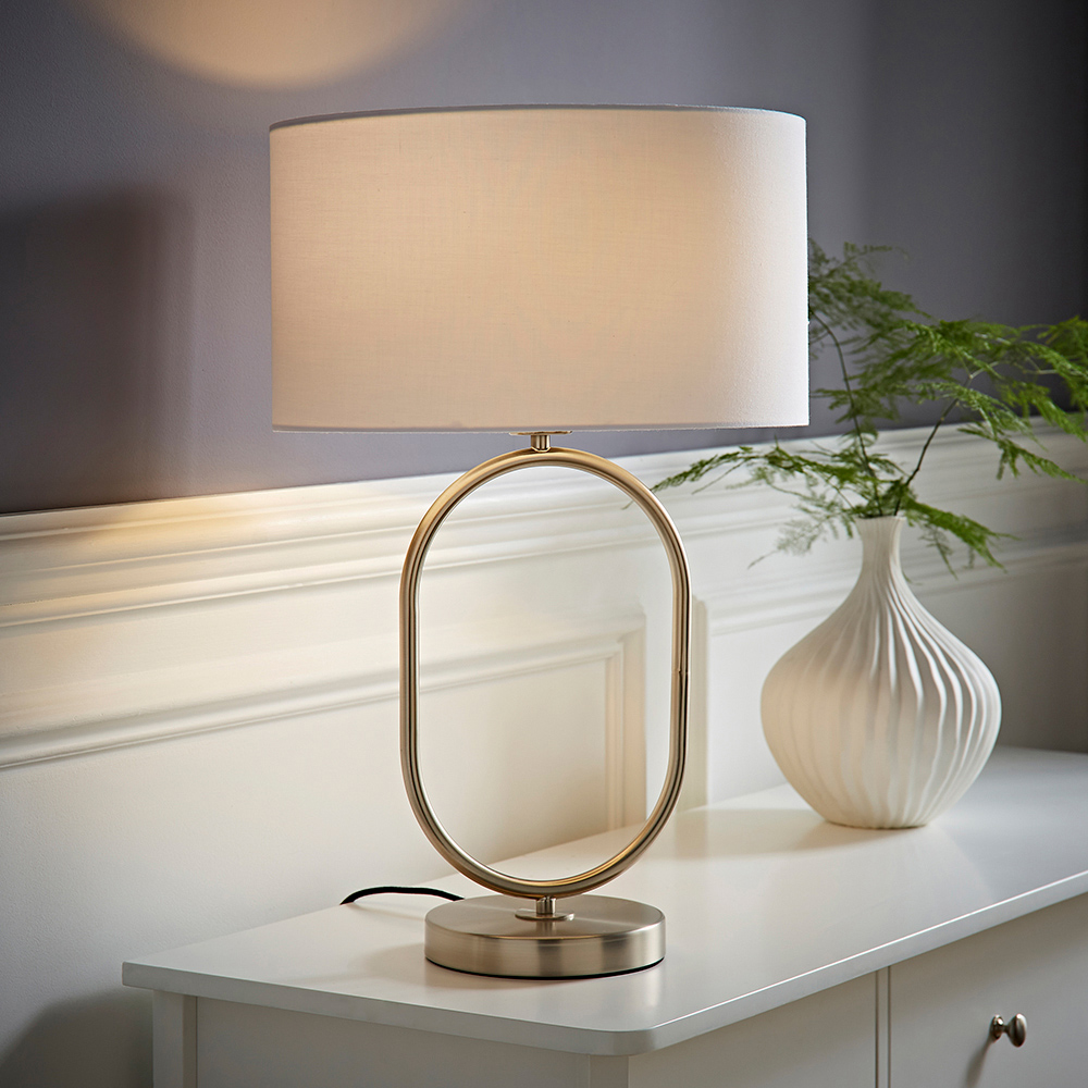 ValueLights Antonia White Fabric Drum Lamp Shade Brushed Chrome Oval LED Table Lamp Image 6