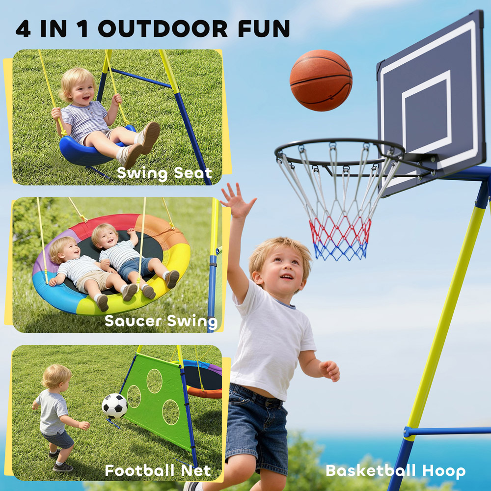 AIYAPLAY 4-in-1 Kids Swing Set with Basketball Hoop and Football Goal Image 8