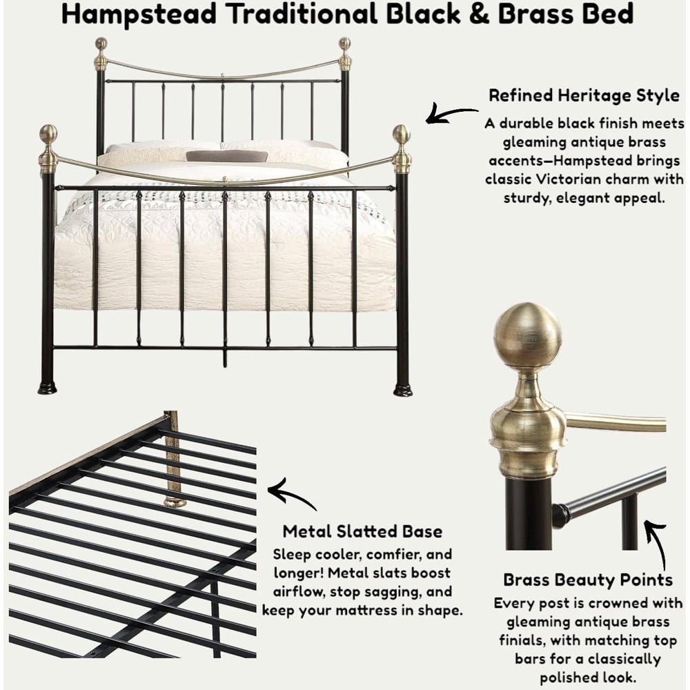 OAT Home Hampstead Double Black and Brass Metal Bed Image 7
