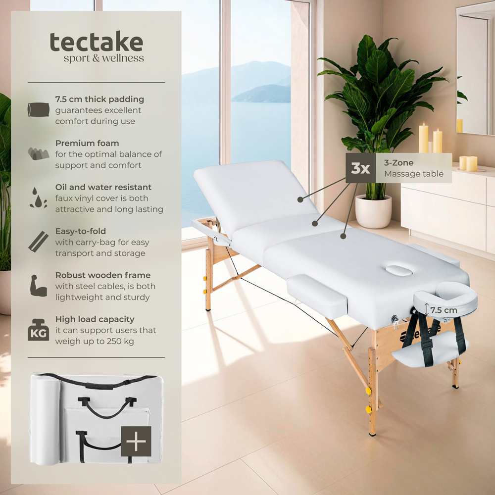 tectake White 3 Zone Portable Adjustable Massage Table with Headrest Armrests and Carry Bag Image 6
