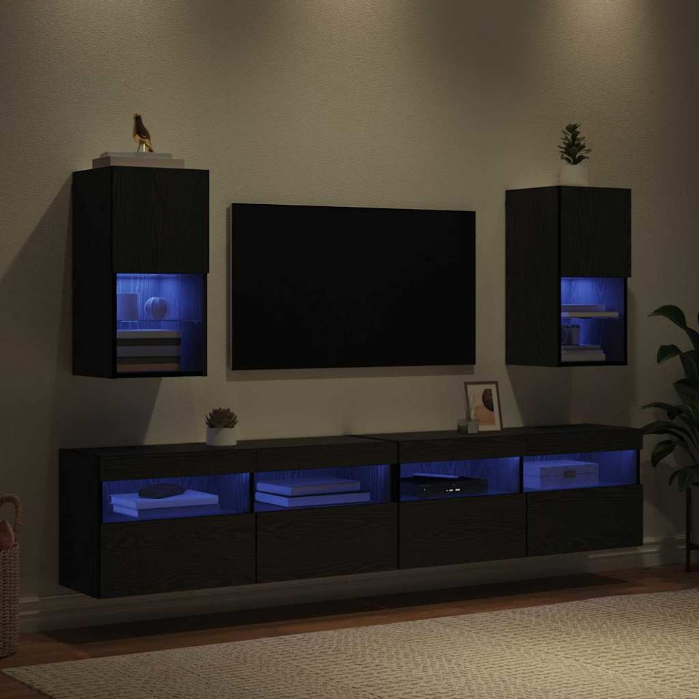 vidaXL Single Door 2 Shelf Black Oak Wall Mounted LED TV Unit Set of 2 Image 9