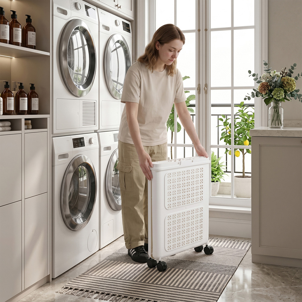 Living and Home White Foldable Laundry Basket with Wheels Image 7