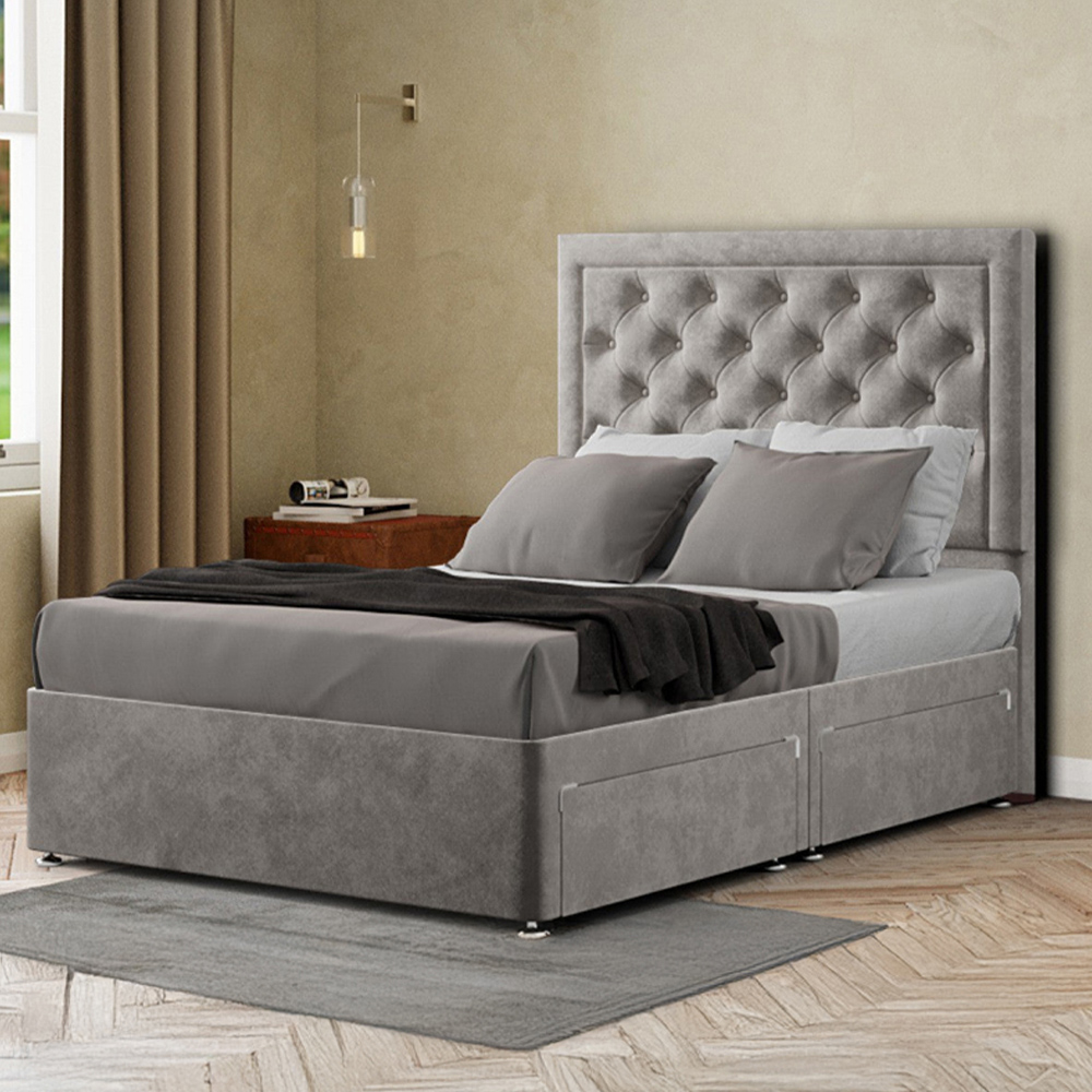 Portland Castle King Size Silver Plush Divan Bed with 2 Drawers and Headboard Image 1