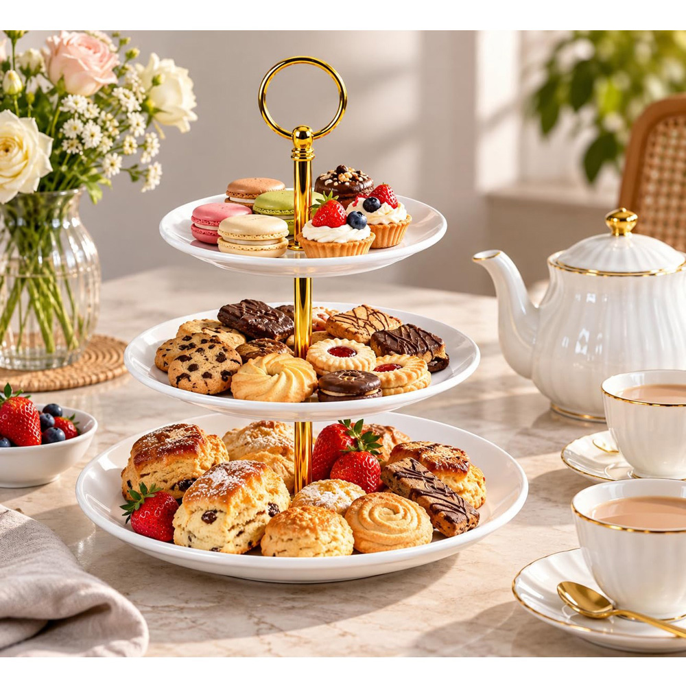 ATEK 3-Tier Ceramic Cake Serving Stand with Gold Handle Image 4