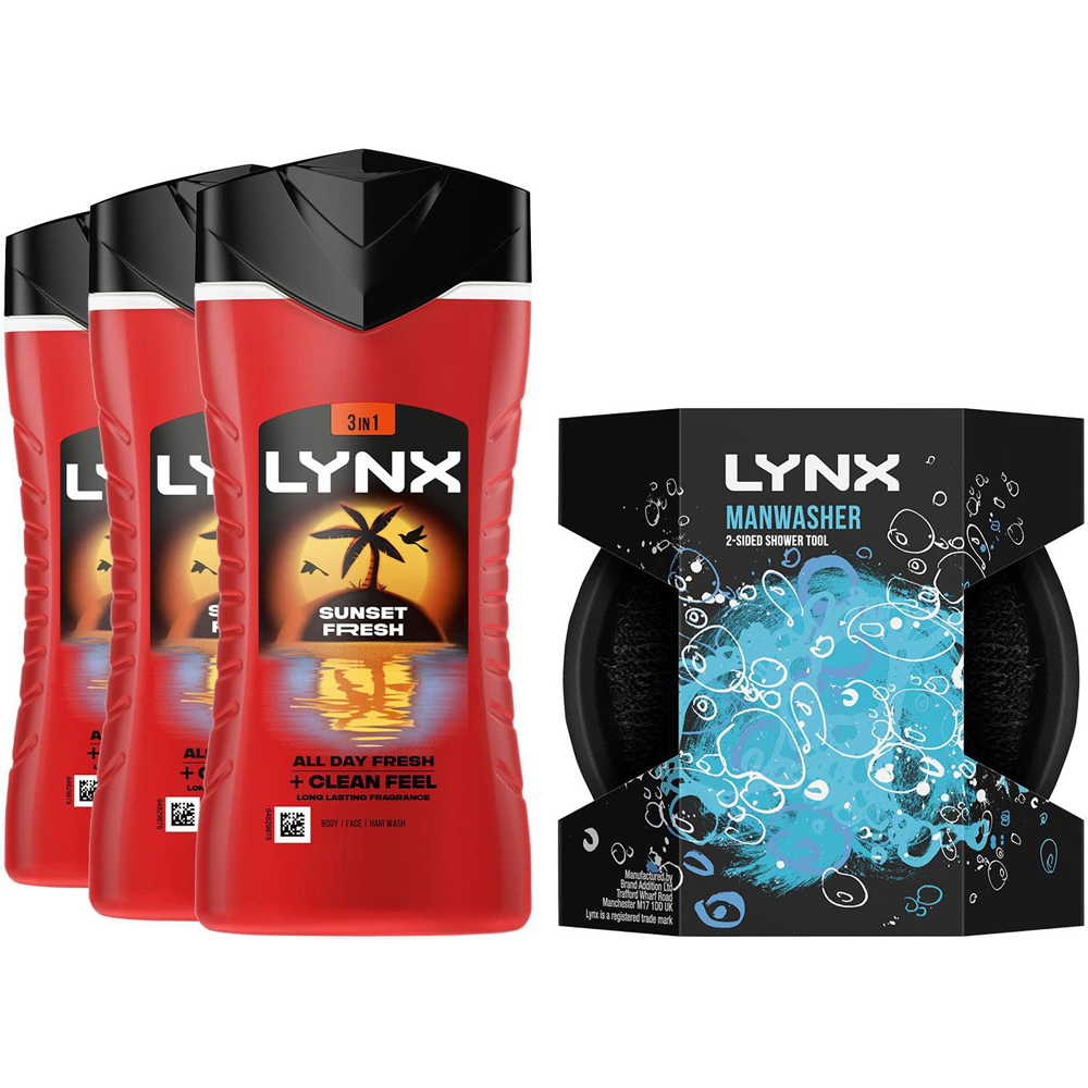 Lynx Sunset Fresh Body Wash with Manwasher 2-Sided Shower Tool 225ml 3 Pack Image 1