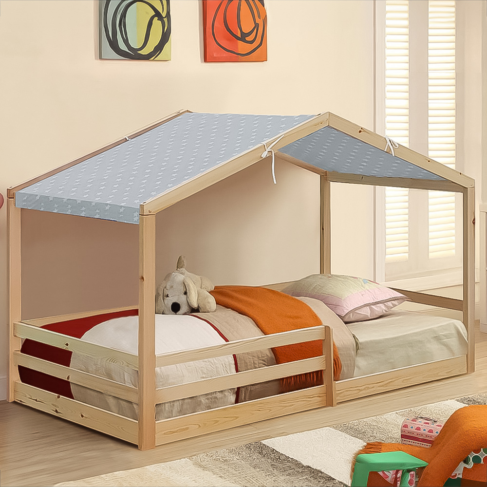 Brooklyn Single Natural Wooden House Style Bed with Grey Tent Image 1