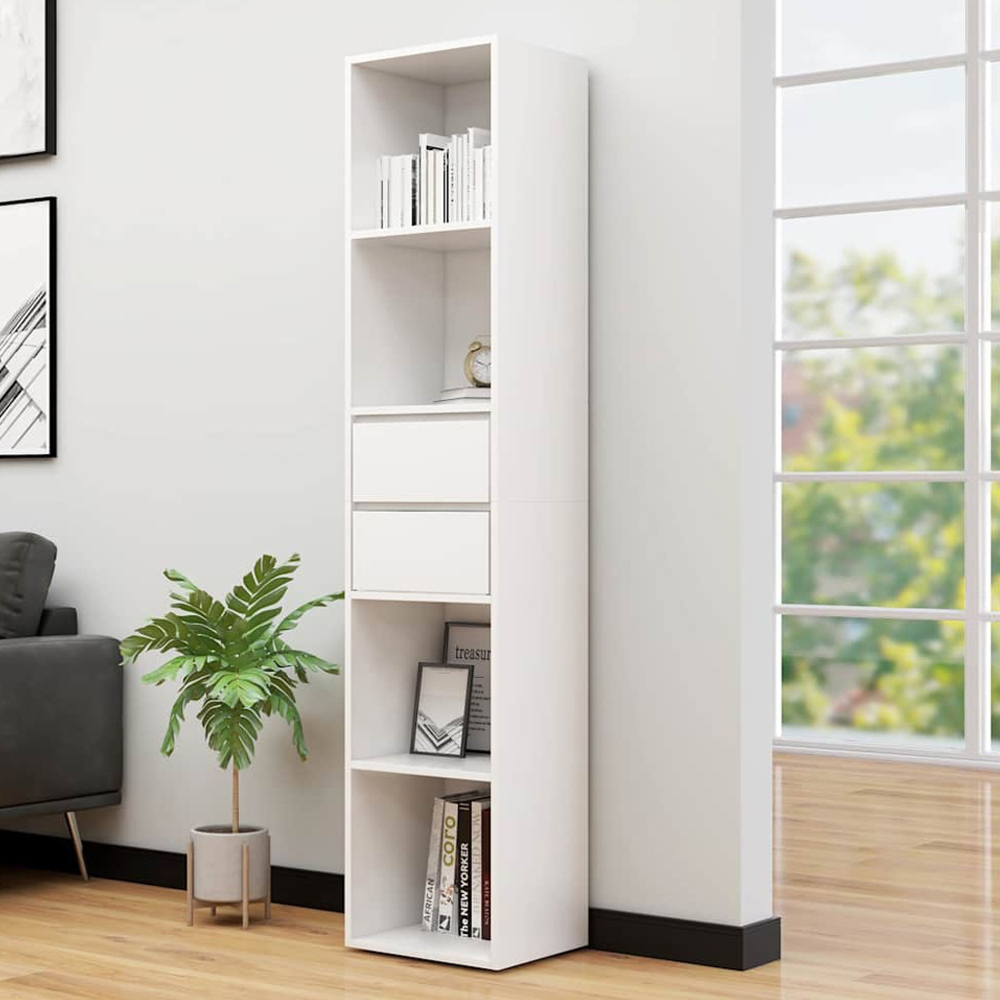 vidaXL 4 Shelf 2 Drawer White Tall Bookcase Image 1