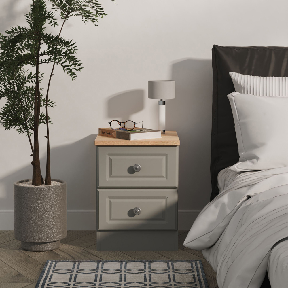 Crowndale Norfolk 2 Drawer Dusk Grey and Bardolino Oak Compact Bedside Cabinet Ready Assembled Image 7