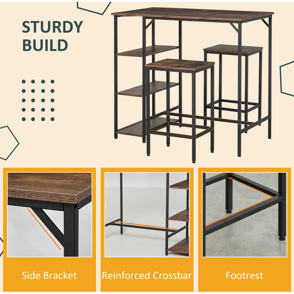 Portland 2 Seater Wood Effect Bar Table with Stools and Side Shelf Image 6