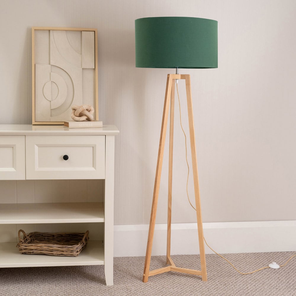 ValueLights Lottie Green Fabric Drum Shade Natural Wood Tripod LED Floor Lamp Image 3