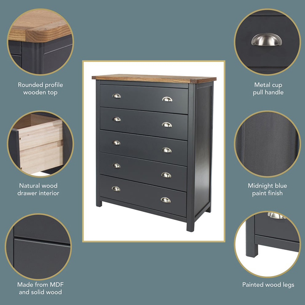Core Products Dunkeld 5 Drawer Midnight Blue Chest of Drawers Image 5