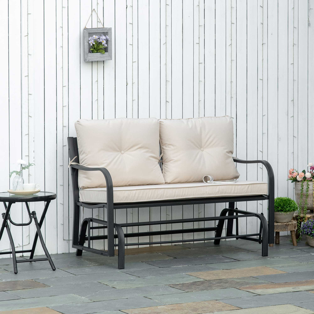 Outsunny 2 Seater Khaki Steel Glider Bench with Armrest Image 7
